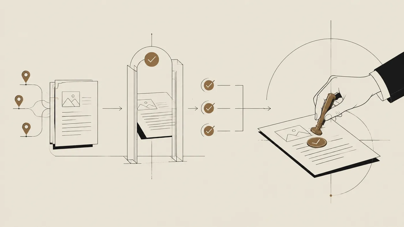 Ilustración minimalista de un documento que pasa por un control de calidad con marcas de fuente y aprobación humana
