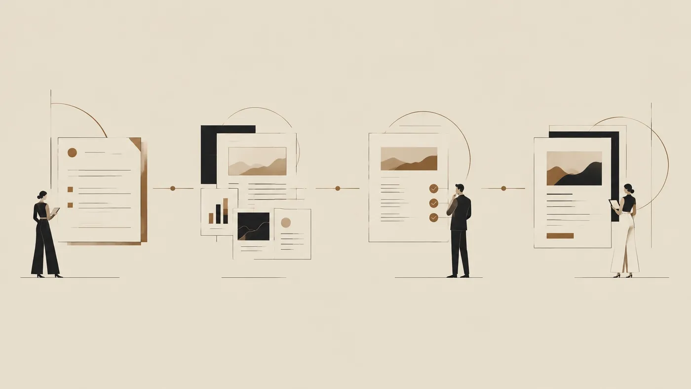 Ilustración minimalista de un sistema de contenido B2B con etapas conectadas y puntos de control humanos