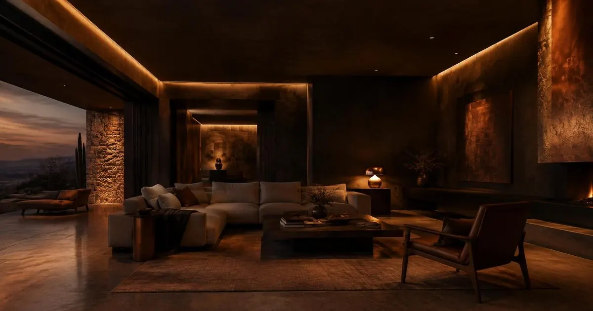 Sala de una casa con luz cálida, imagen de Fuzem.