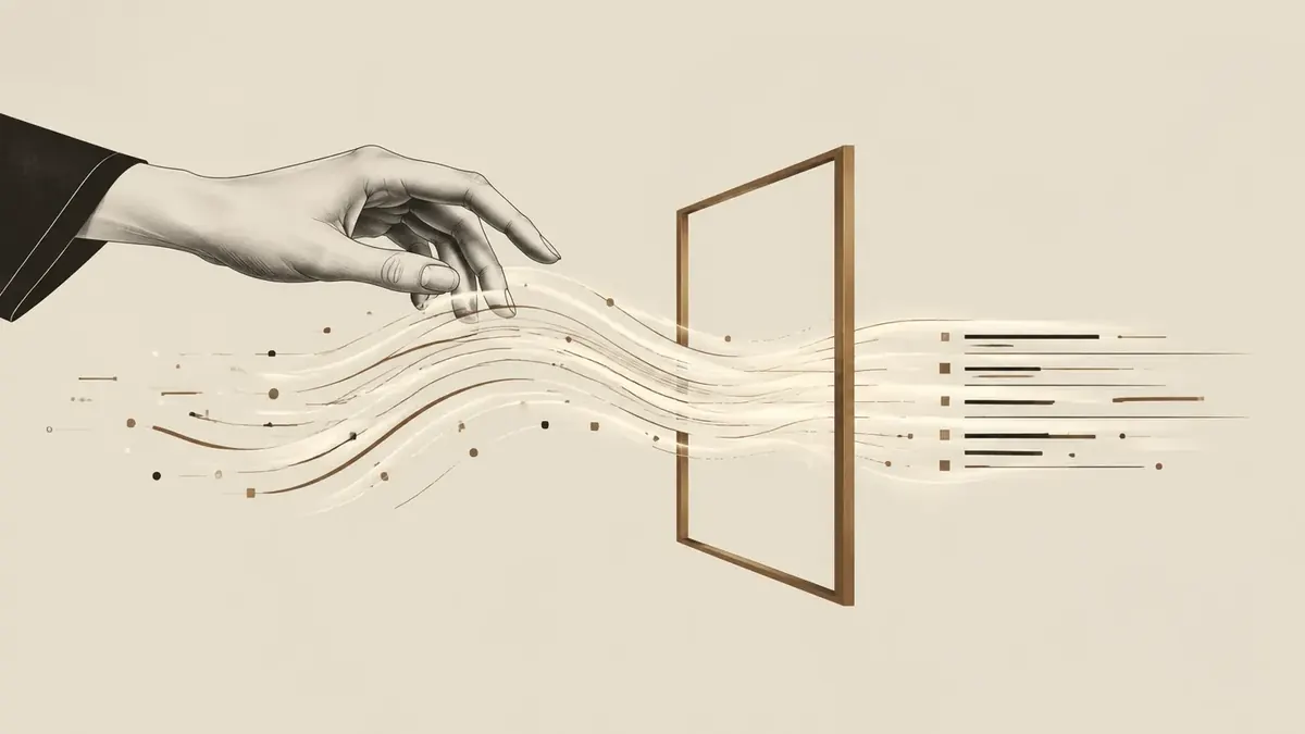 Ilustración editorial abstracta del criterio humano que guía el contenido asistido por IA a través de un marco estructurado de bronce