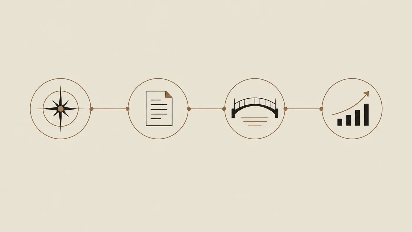 Cuatro etapas conectadas, del problema del comprador a un pipeline medible