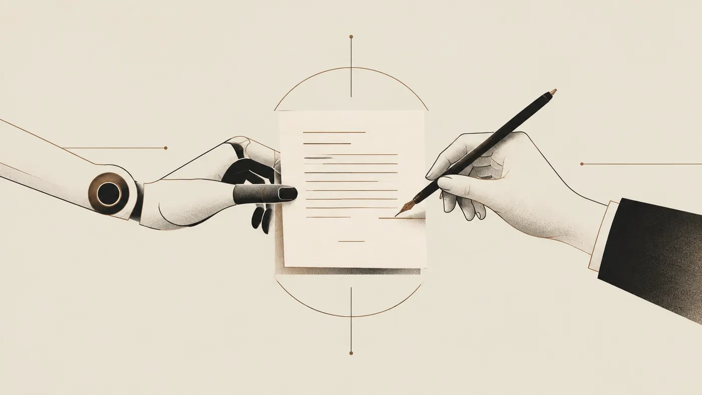 Ilustración editorial de un borrador de IA y un editor humano que completan el mismo documento