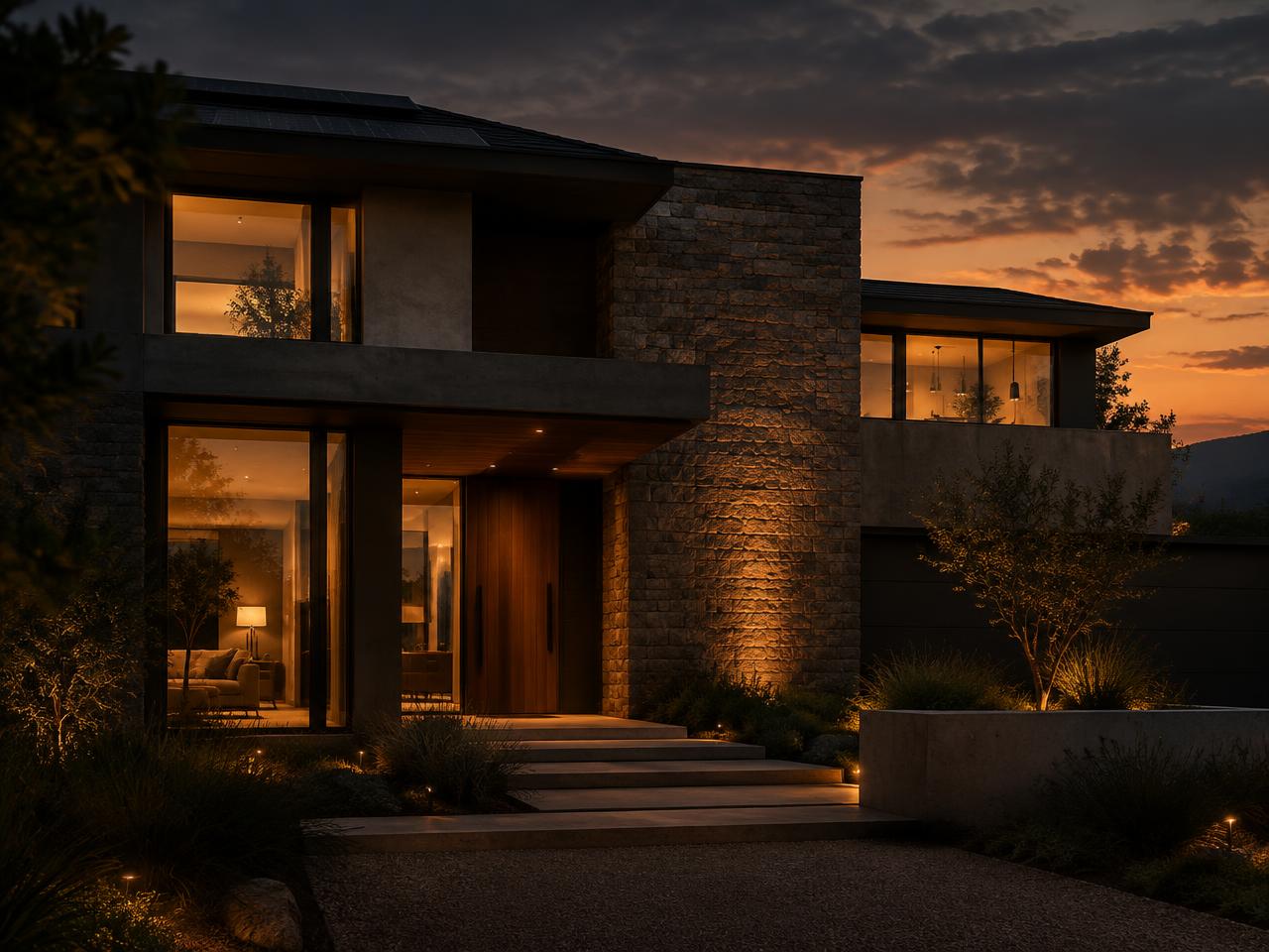 Fachada de una casa al atardecer con las luces prendidas
